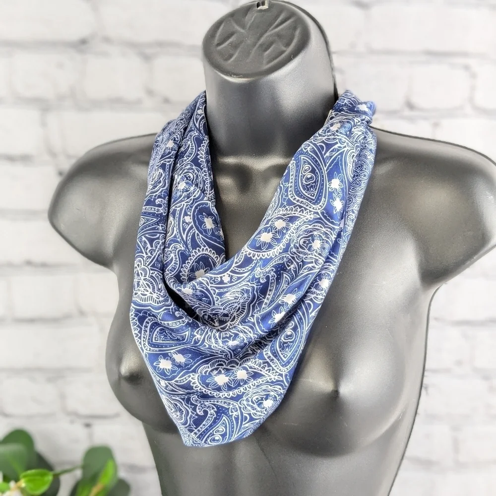 Blue and white paisley print polyester silky scarf, head wrap, neckerchief